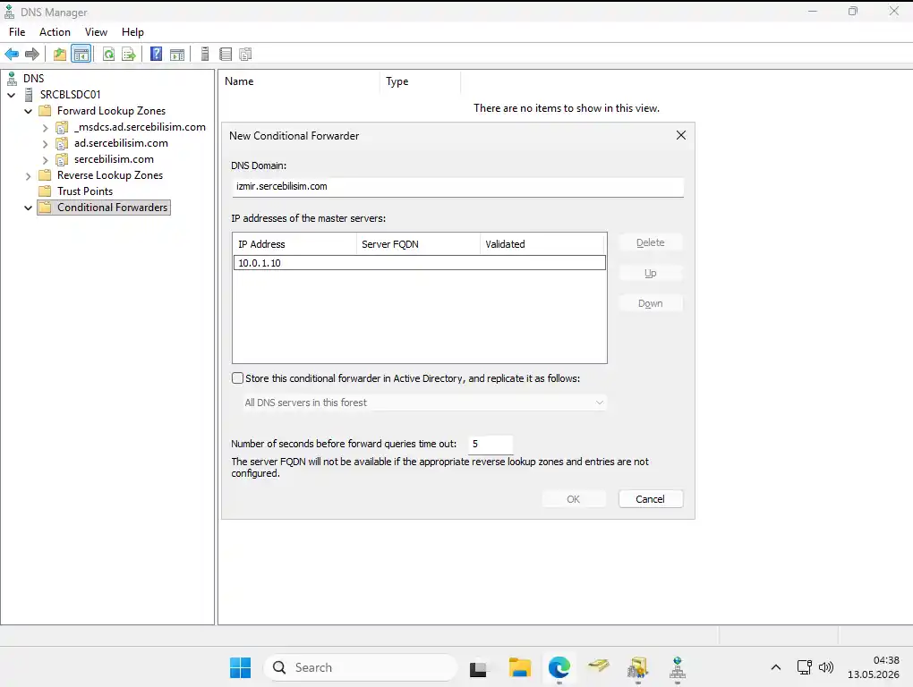 New Conditional Forwarder dialog: 10.0.1.10 added to the list of master server addresses