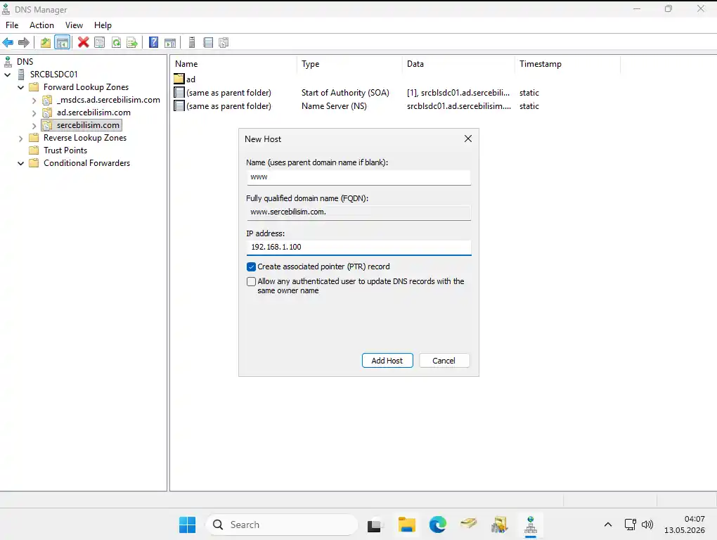 New Host dialog: Name www, IP address 192.168.1.100, Create associated pointer (PTR) record checked, Allow any authenticated user to update left unchecked
