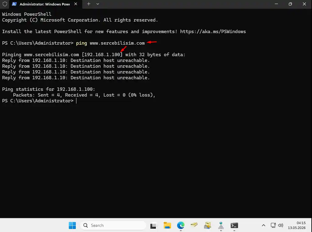Command prompt showing ping www.sercebilisim.com resolving to 192.168.1.100 with no replies