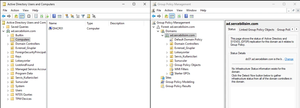 ADUC and GPMC trees side by side; the Computers node exists only on the ADUC side