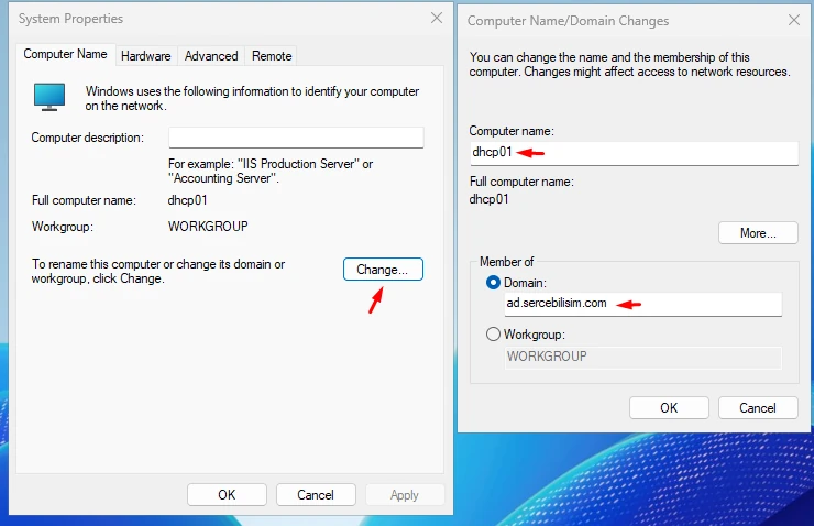 System Properties and Computer Name/Domain Changes dialogs, with the machine still in WORKGROUP before the join